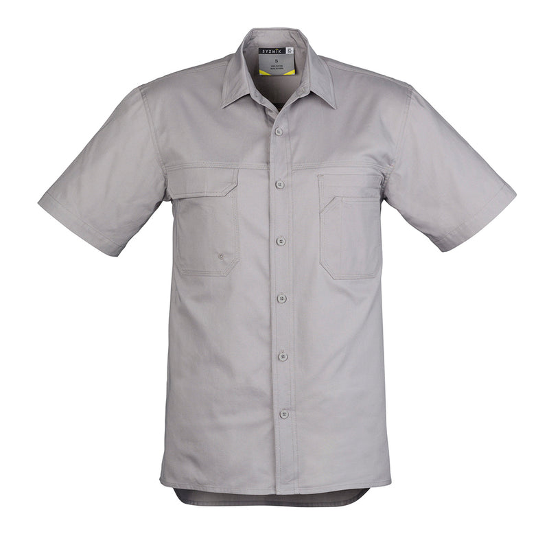 Load image into Gallery viewer, Syzmik Lightweight Tradie Work Shirt featuring short sleeves, a collar, and triple-stitched seams, with three chest pockets and underarm vent eyelets, ideal for staying cool in active work environments.