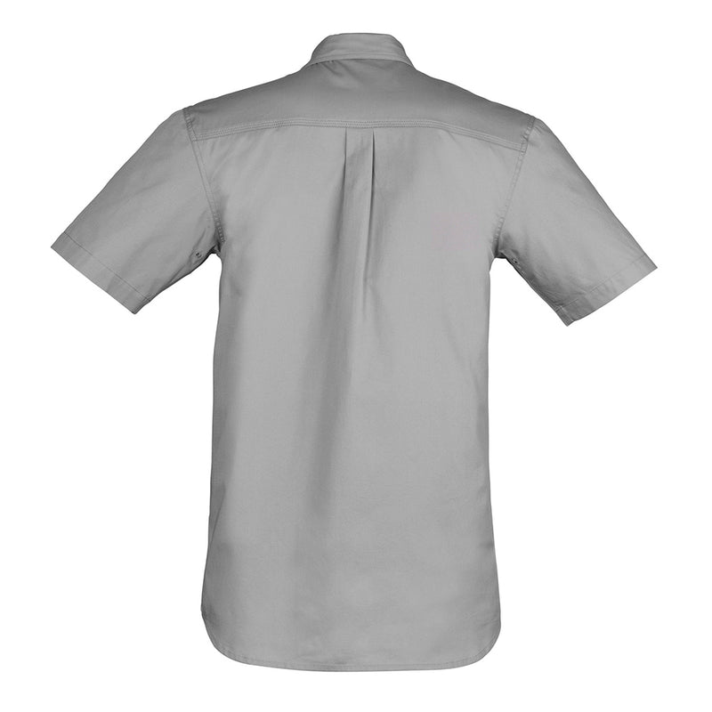 Load image into Gallery viewer, Syzmik Lightweight Tradie Work Shirt, showcasing a back view highlighting its short sleeves and extended curve shirt back, designed with triple-stitched seams and large chest pockets for practical workwear functionality.