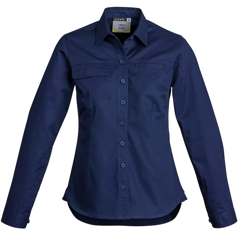 Load image into Gallery viewer, Syzmik Womens Lightweight L/S Work Shirt featuring a long sleeve design, button flap pocket, welt pocket, underarm vent eyelets, and triple stitched seams, ideal for active and professional environments.