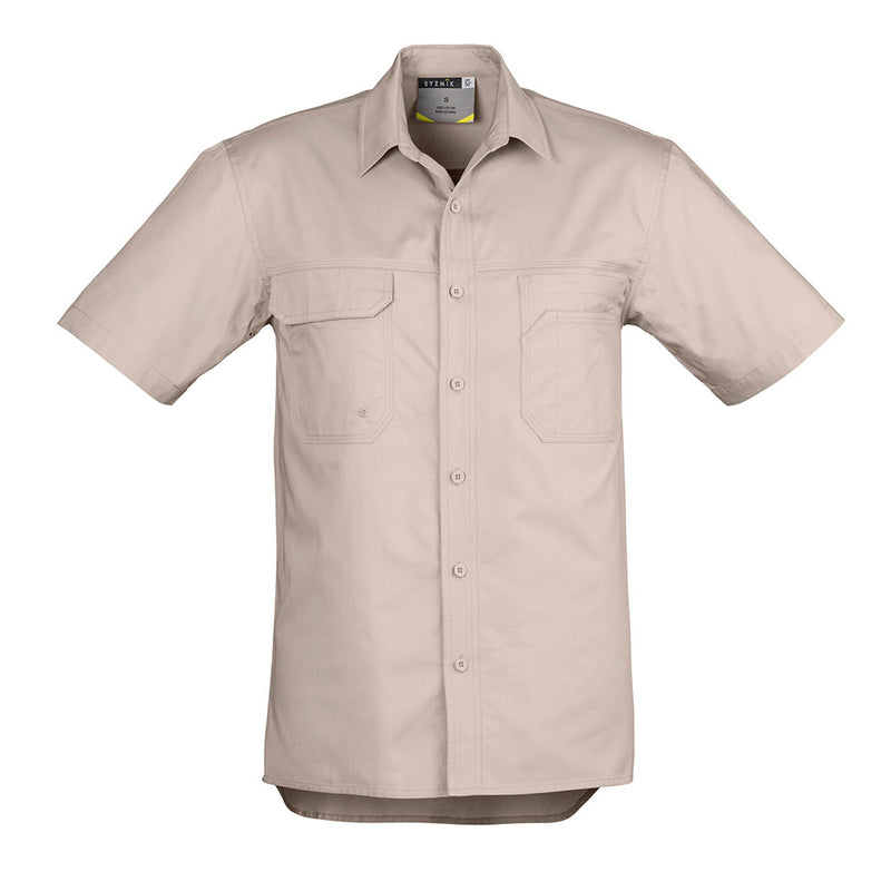 Load image into Gallery viewer, Syzmik Lightweight Tradie Work Shirt with short sleeves, visible chest pocket, and button details, designed with triple-stitched seams and underarm vents for durability and breathability in hot environments.