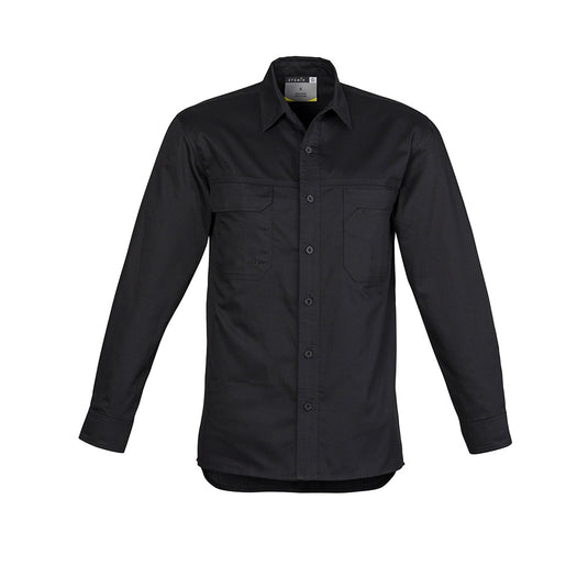 Syzmik Mens Lightweight Tradie L/S Shirt featuring long sleeves, button-up front, and chest pockets. Designed for durability with triple-stitched seams and underarm vents, ideal for active safety and workwear environments.