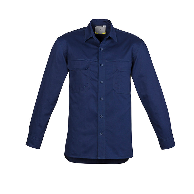 Load image into Gallery viewer, Syzmik Mens Lightweight Tradie L/S Shirt featuring three large chest pockets, including a pen partition and mobile phone pocket, visible underarm vent eyelets, and an extended curve back design.