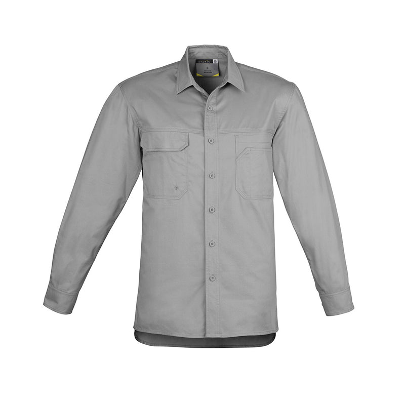 Load image into Gallery viewer, Syzmik Mens Lightweight Tradie L/S Shirt featuring long sleeves, a collar, triple stitched seams, three chest pockets, and underarm vent eyelets. Designed for durability and comfort with 100% cotton twill.