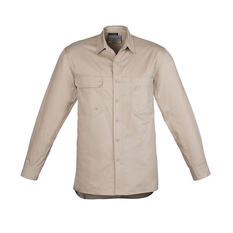 Load image into Gallery viewer, Syzmik Mens Lightweight Tradie L/S Shirt featuring a button-up front and long sleeves, designed with three chest pockets including a pen partition and mobile phone pocket, perfect for workplace safety and comfort.