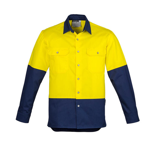 Syzmik Hi Vis Spliced Industrial Long Sleeve Shirt features a two-tone design with bright yellow upper and navy blue lower sections, mesh vent inserts, triple-stitched seams, and chest pockets, ideal for safety workwear.