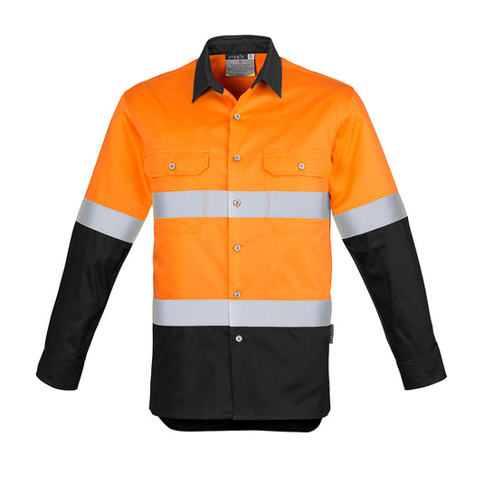 Syzmik Hi Vis Taped Long Sleeve Work Shirt featuring 100% cotton twill, mesh vent inserts, triple-stitched seams, reflective tape, two buttoned chest pockets with pen partition, and an extended curve back. Ideal for workplace safety.