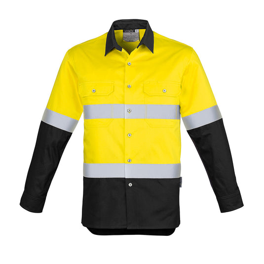 Syzmik Hi Vis Taped Long Sleeve Work Shirt featuring mesh vent inserts, triple-stitched seams, reflective tape hoops, and dual chest pockets with pen partition, ideal for safety and durability in demanding jobs.