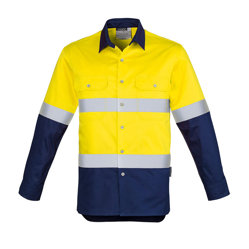 Load image into Gallery viewer, Syzmik Hi Vis Taped Long Sleeve Work Shirt featuring 100% cotton twill, mesh vent inserts, triple-stitched seams, reflective tape, and dual chest pockets with pen partition, ideal for durable workplace safety.