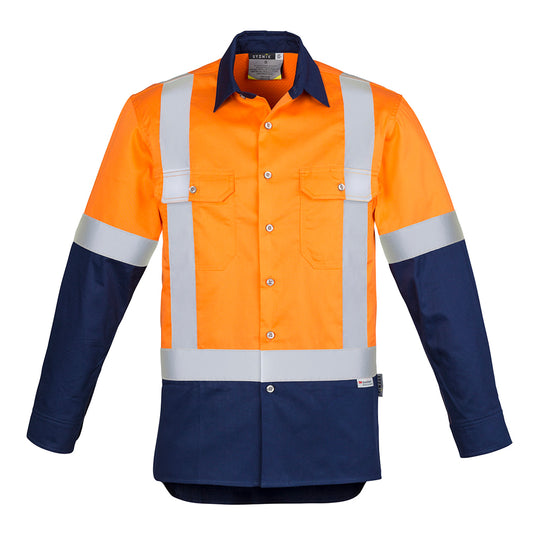 Syzmik Hi Vis Spliced Industrial Work Shirt featuring long sleeves, reflective tape, chest pockets, and mesh vent inserts for breathability, designed for durability and comfort in industrial settings.