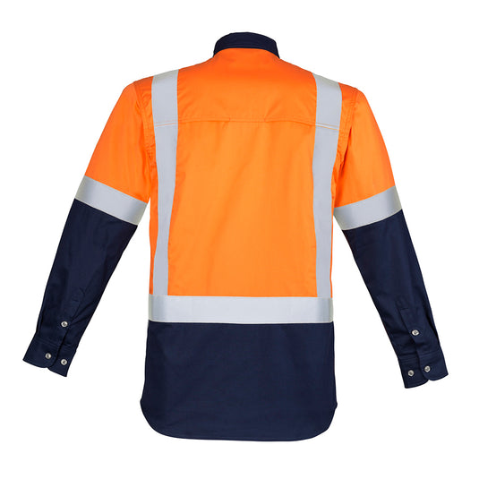 Syzmik Hi Vis Spliced Industrial Work Shirt featuring long sleeves, mesh vent inserts, triple-stitched seams, and reflective tape, designed for durability and breathability in demanding work environments.