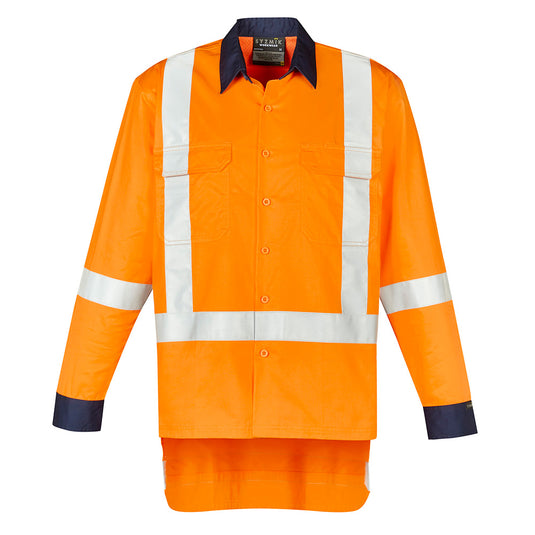 Syzmik TTMC-W23 X-Back L/S Cotton Work Shirt features long sleeves with a distinctive white stripe pattern, mesh vent inserts, and chest pockets, designed for durability and compliance with New Zealand road standards.