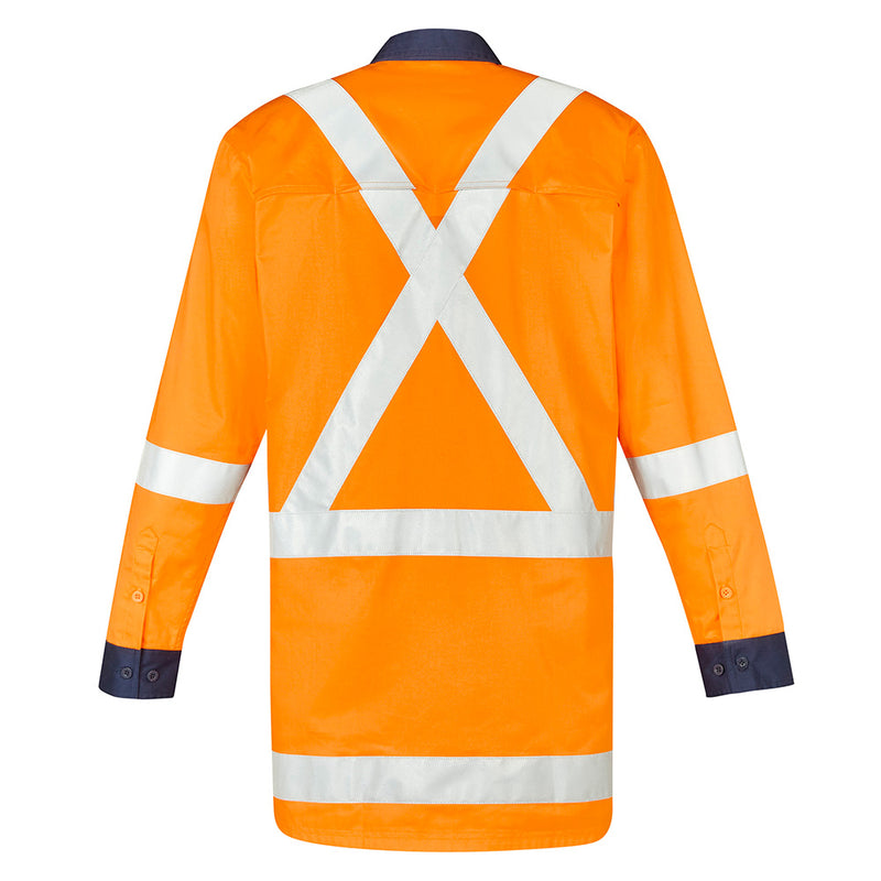 Load image into Gallery viewer, Syzmik TTMC-W23 X-Back L/S Cotton Work Shirt, featuring visible X-back tape for safety. Designed with mesh vents and chest pockets, this durable work shirt enhances comfort and compliance on New Zealand roads.