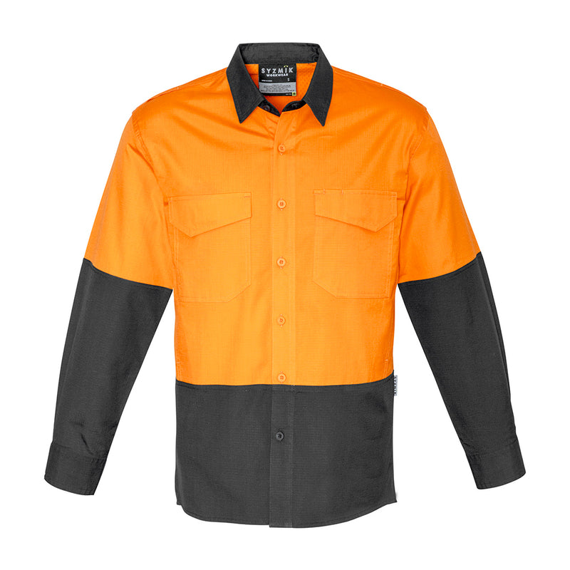 Load image into Gallery viewer, Syzmik Hi Vis Rugged Cooling Spliced Shirt featuring long sleeves, mesh venting for breathability, and two chest pockets with pen partitions, designed for enhanced movement and durability in active work environments.