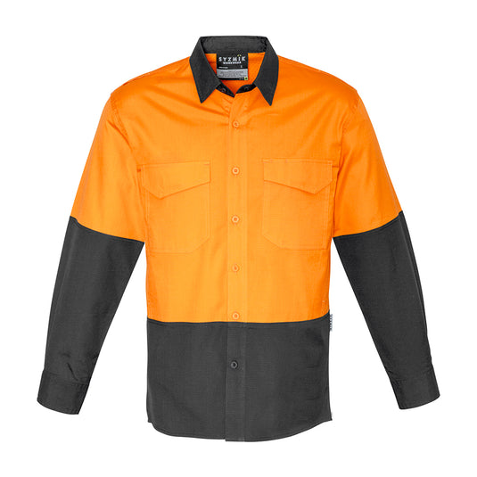 Syzmik Hi Vis Rugged Cooling Spliced Shirt featuring long sleeves, mesh venting for breathability, and two chest pockets with pen partitions, designed for enhanced movement and durability in active work environments.