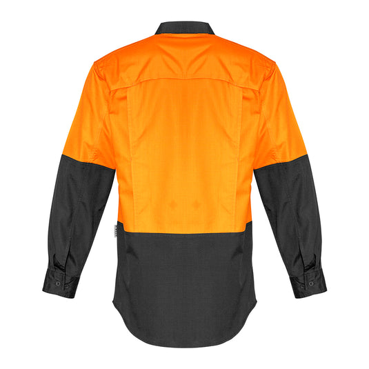 Syzmik Hi Vis Rugged Cooling Spliced Shirt, featuring mesh venting for breathability, mechanical stretch for movement, and reinforced stress points, ideal for safety and workwear environments.