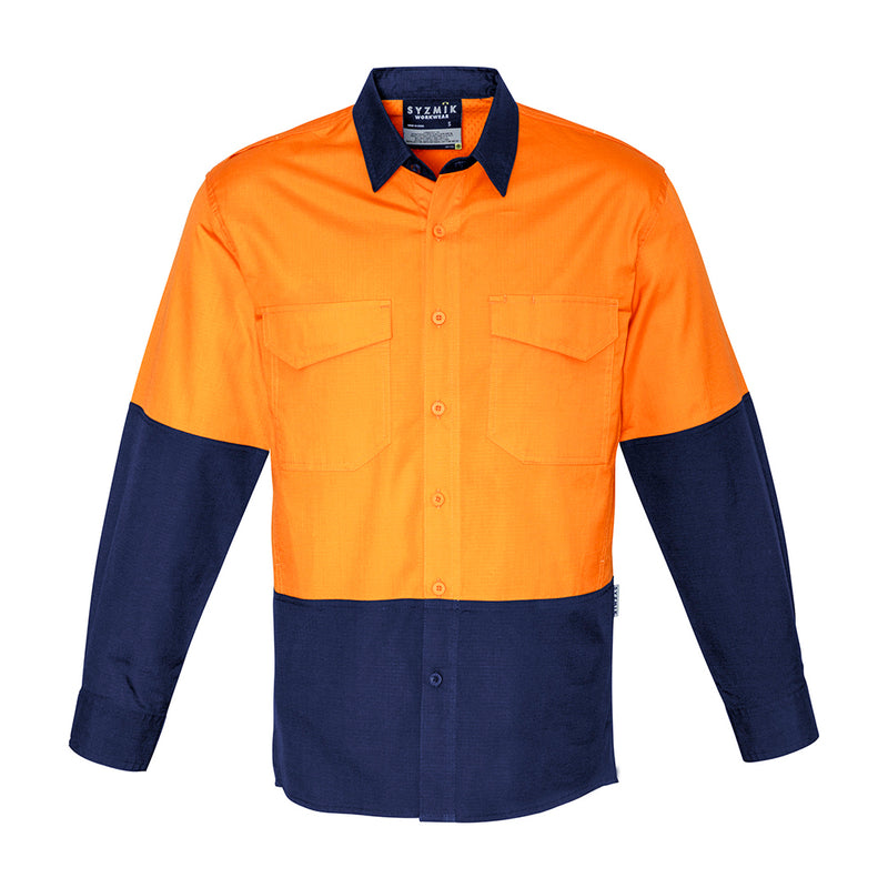 Load image into Gallery viewer, Syzmik Hi Vis Rugged Cooling Spliced Shirt with long sleeves, featuring mesh venting for breathability, mechanical stretch for movement, and two chest pockets, ideal for safety and workplace environments.