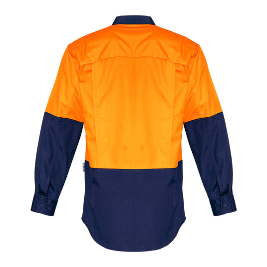 Syzmik Hi Vis Rugged Cooling Spliced Shirt displayed from the back, featuring long sleeves, mesh venting for breathability, mechanical stretch for movement, and two chest pockets with a pen partition.