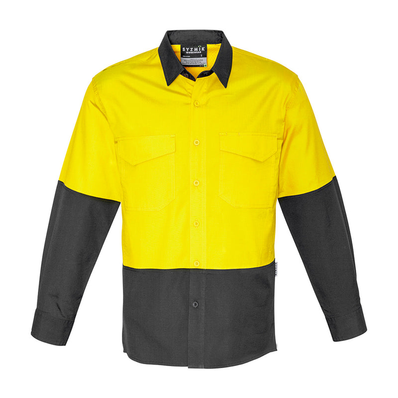 Load image into Gallery viewer, Syzmik Hi Vis Rugged Cooling Spliced Shirt with mesh venting and chest pockets. Designed for enhanced breathability and movement, featuring reinforced stress points for durability. Ideal for workplace safety.
