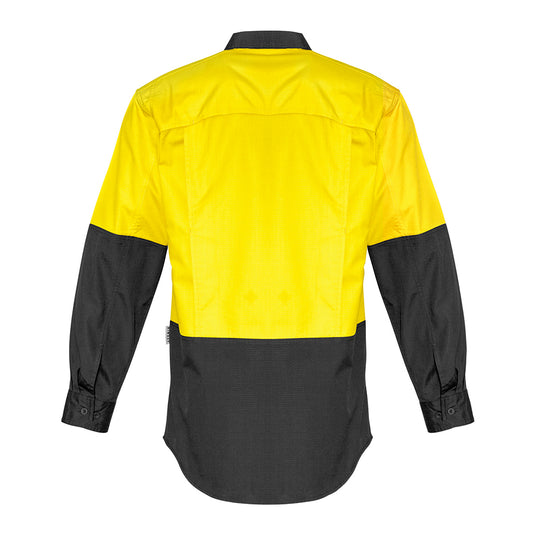 Syzmik Hi Vis Rugged Cooling Spliced Shirt featuring yellow and black design, visible chest pockets with pen partition, and mesh venting for breathability, ideal for active safety and workplace use.