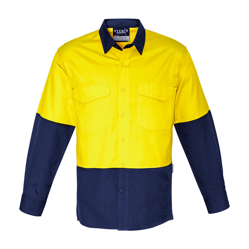 Load image into Gallery viewer, Syzmik Hi Vis Rugged Cooling Spliced Shirt featuring mesh venting under arms and back for breathability, chest pockets with pen partition, and reinforced stress points, ideal for active workplace environments.