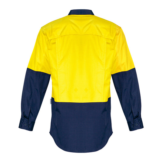 Syzmik Hi Vis Rugged Cooling Spliced Shirt featuring mesh venting for breathability, mechanical stretch for movement, and reinforced stress points, displayed with pen-partitioned chest pockets, ideal for safety and work environments.