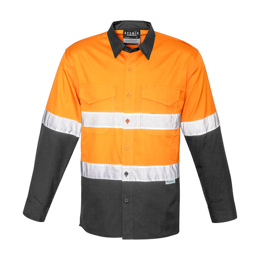 Syzmik Hi Vis Rugged Cooling Taped Spliced Shirt featuring long sleeves, mesh venting for breathability, and chest pockets, ideal for safety and comfort in active work environments.