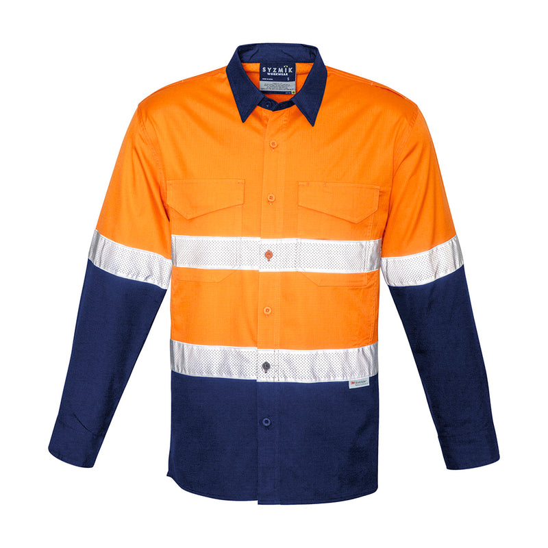 Load image into Gallery viewer, Syzmik Hi Vis Rugged Cooling Taped Spliced Shirt featuring long sleeves, mesh venting, reflective tape, and chest pockets with pen partition, designed for enhanced breathability and movement.