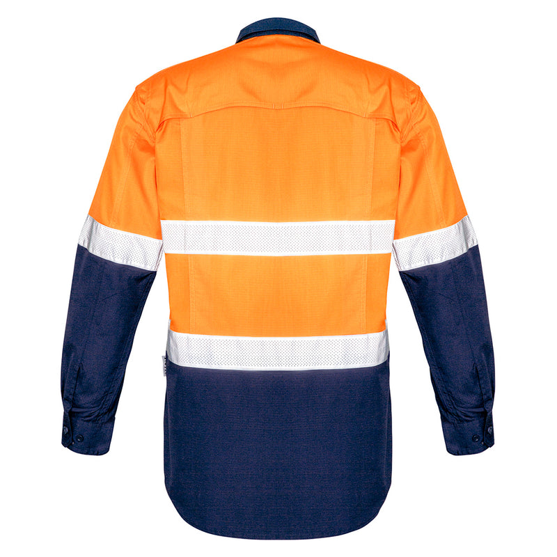 Load image into Gallery viewer, Syzmik Hi Vis Rugged Cooling Taped Spliced Shirt, showcasing back view with long sleeves, featuring mesh venting for breathability, chest pockets, and reflective tape, ideal for active safety work environments.