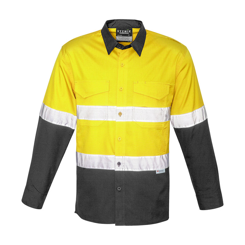 Load image into Gallery viewer, Syzmik Hi Vis Rugged Cooling Taped Spliced Shirt featuring a yellow and black design, showcases reflective tape, chest pockets with pen partition, and mesh venting for enhanced breathability and comfort.