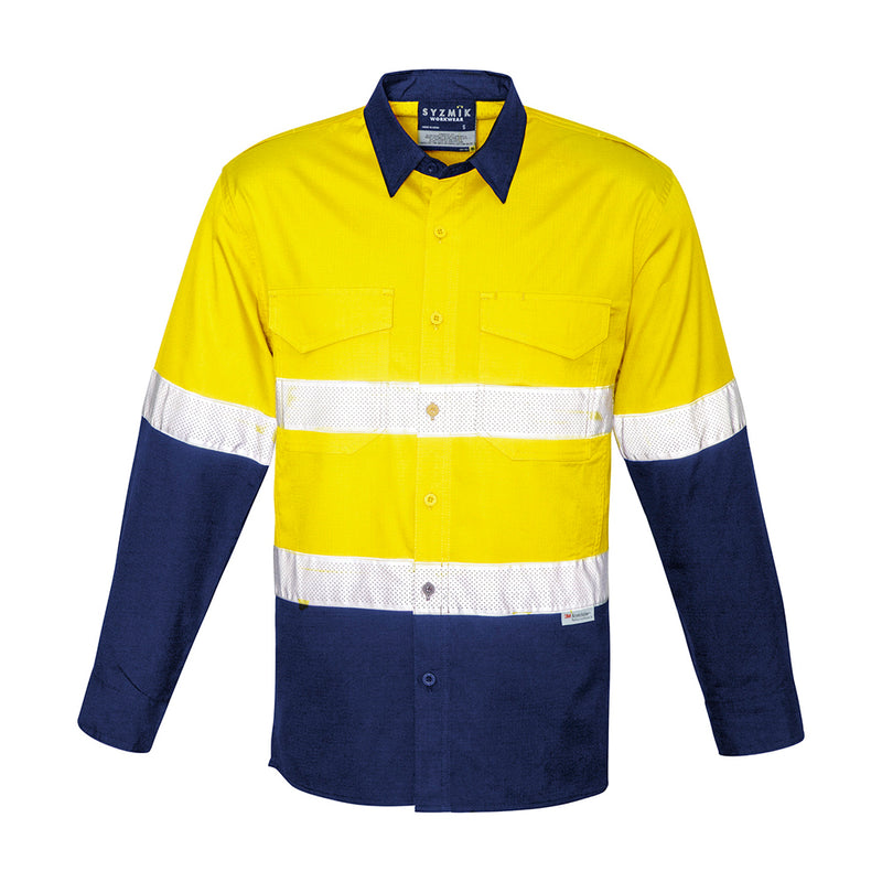 Load image into Gallery viewer, Syzmik Hi Vis Rugged Cooling Taped Spliced Shirt featuring mesh venting underarms, reflective tape hoops, and dual chest pockets. Ideal for workplace safety with enhanced breathability and movement.