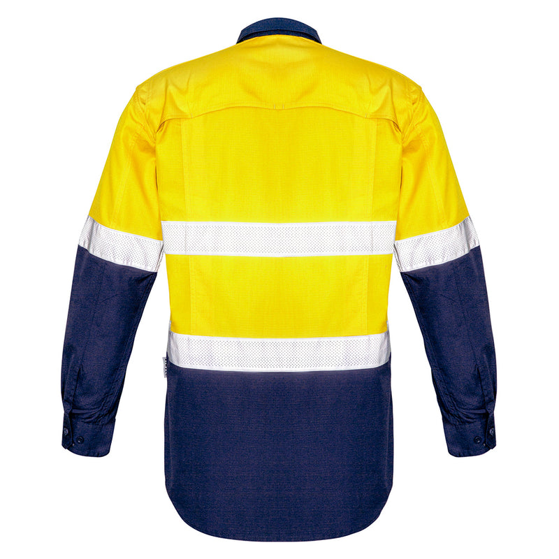 Load image into Gallery viewer, Syzmik Hi Vis Rugged Cooling Taped Spliced Shirt featuring reflective tape, two chest pockets with pen partition, and mesh venting for breathability, designed for enhanced movement and durability in safety-focused work environments.