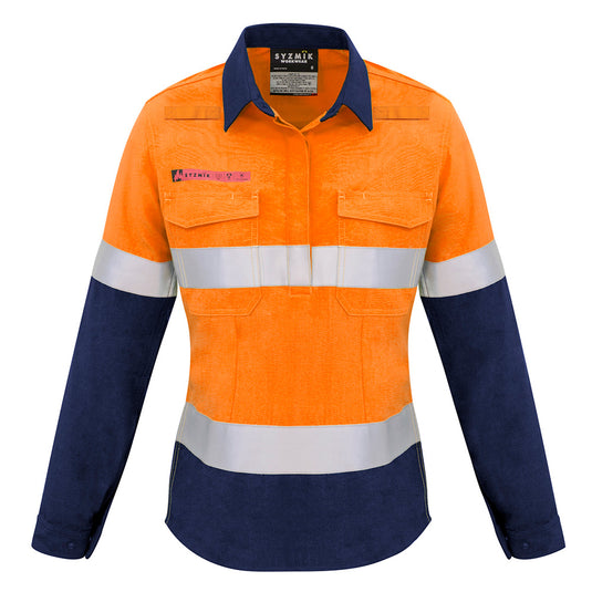 Syzmik Womens FR Closed Front Taped L/S Shirt, featuring long sleeves with gusset for protection, concealed front with FR press stud closure, and two chest pockets, suitable for safety-focused environments.