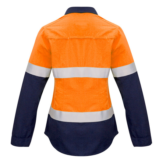 Syzmik Womens FR Closed Front Taped L/S Shirt featuring long sleeves, gusset sleeves for protection, and chest pockets. Designed with FR rated trims and mesh for enhanced safety and comfort.