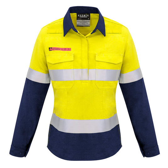 Syzmik Womens FR Closed Front Taped L/S Shirt featuring reflective stripes, gusset sleeves, concealed front with FR press studs, and chest pockets, designed for safety and comfort in workplace environments.
