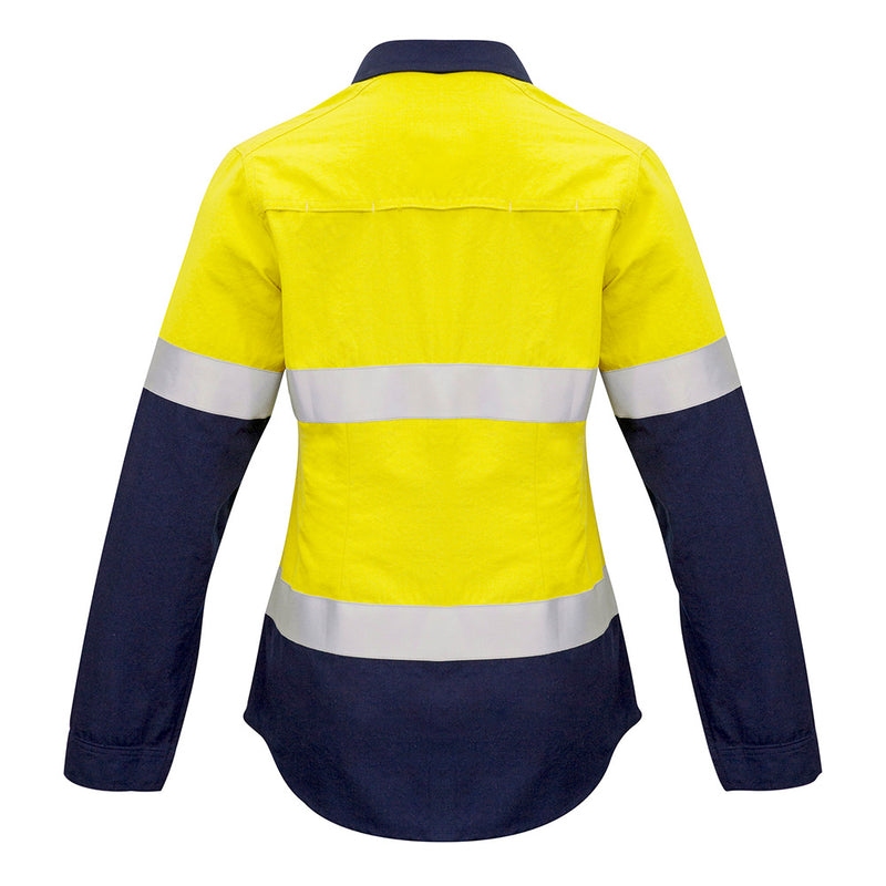 Load image into Gallery viewer, Syzmik Womens FR Closed Front Taped L/S Shirt featuring reflective stripes, gusset sleeves, and dual chest pockets, designed for safety and comfort with concealed FR press stud closure and radio loops.