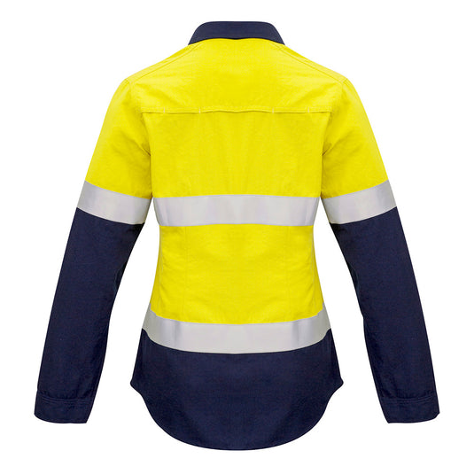 Syzmik Womens FR Closed Front Taped L/S Shirt featuring reflective stripes, gusset sleeves, and dual chest pockets, designed for safety and comfort with concealed FR press stud closure and radio loops.