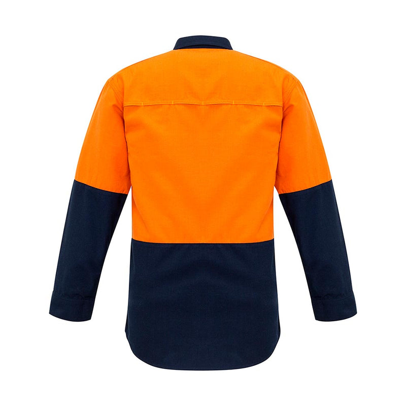 Load image into Gallery viewer, Syzmik Hi Vis FR Metatech Spliced Shirt, showcasing a two-tone design with high-visibility orange shoulders and dark navy body, featuring sturdy fabric, FR rated elements, and practical chest pockets for safety.