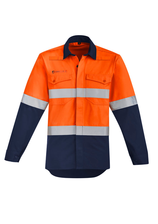 Syzmik FR 9.7cal Open Front Spliced Shirt features a two-tone design with reflective bands and dual flap chest pockets, offering inherent protection and comfort with breathable MODATech® fabric, suitable for safety workwear.
