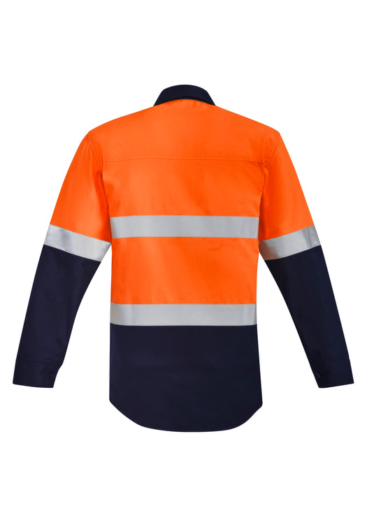 Syzmik FR 9.7cal Open Front Spliced Shirt, featuring fluorescent orange and navy design, long sleeves with reflective bands, buttoned cuffs, and dual chest pockets, ideal for enhanced safety and visibility.