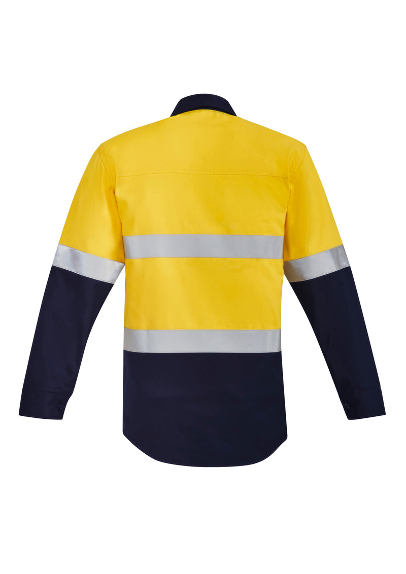 Load image into Gallery viewer, Syzmik FR 9.7cal Open Front Spliced Shirt features a bright upper, navy lower, and silver reflective bands, emphasizing safety. Designed for comfort and protection with FR-rated materials and practical pocket closures.