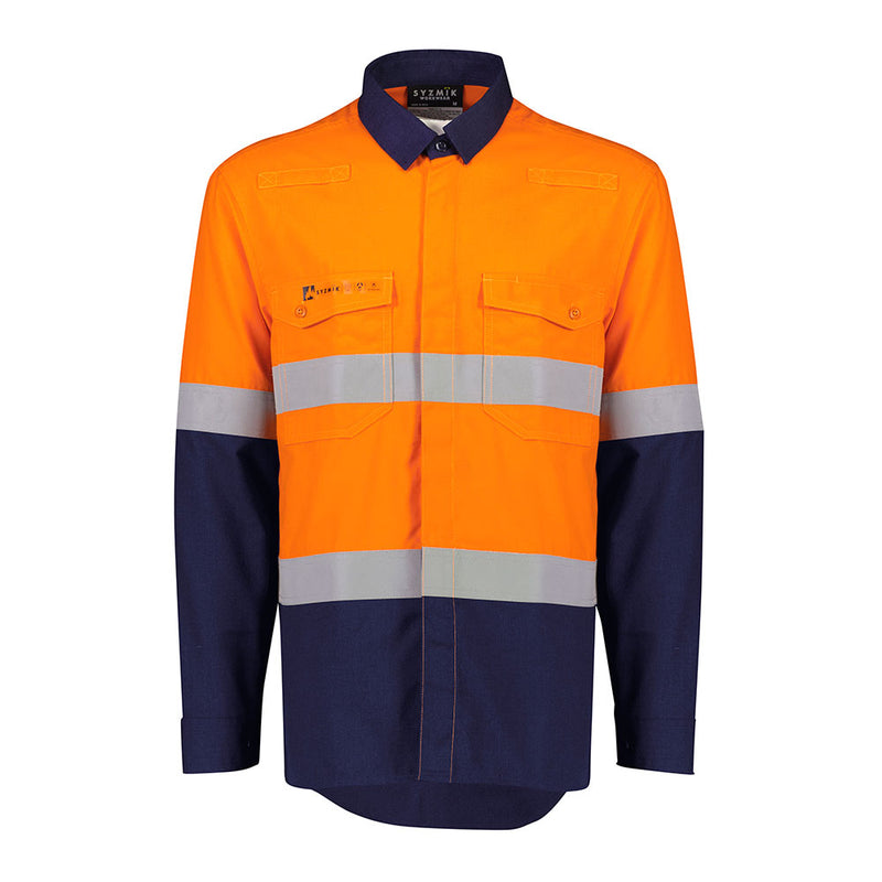 Load image into Gallery viewer, Syzmik FR Taped Lightweight Ripstop Long Sleeve Shirt showcasing its durable construction with gusset sleeve closures, reflective tape, and chest pockets, designed for unmatched comfort and safety in active work environments.