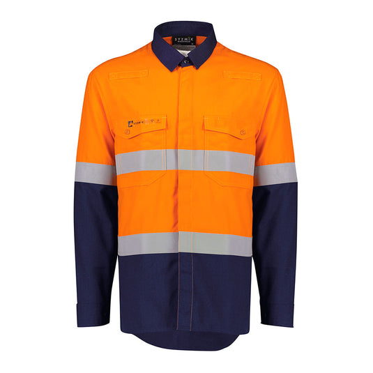 Syzmik FR Taped Lightweight Ripstop Long Sleeve Shirt showcasing its durable construction with gusset sleeve closures, reflective tape, and chest pockets, designed for unmatched comfort and safety in active work environments.
