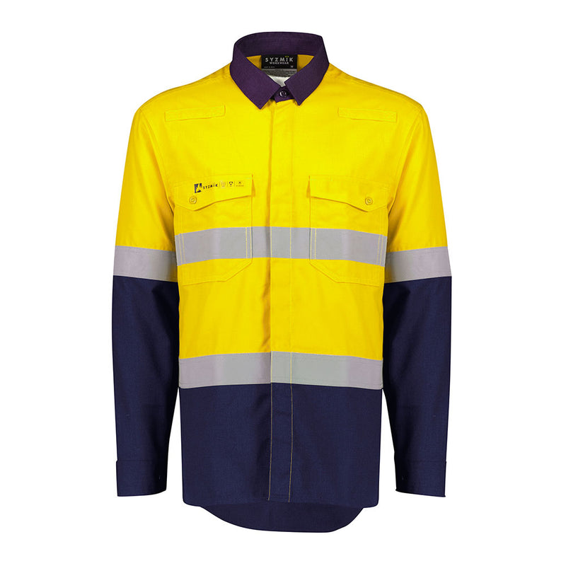 Load image into Gallery viewer, Syzmik FR Taped Lightweight Ripstop Long Sleeve Shirt featuring high-visibility reflective tape, gusset sleeve closure, and dual chest pockets, designed for enhanced safety and comfort in workplace environments.
