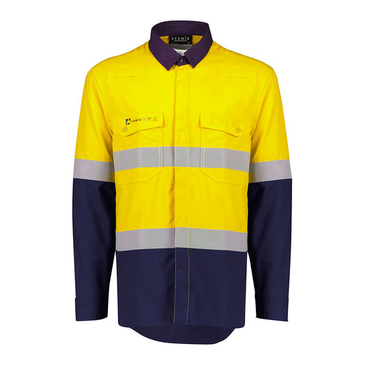 Syzmik FR Taped Lightweight Ripstop Long Sleeve Shirt featuring high-visibility reflective tape, gusset sleeve closure, and dual chest pockets, designed for enhanced safety and comfort in workplace environments.
