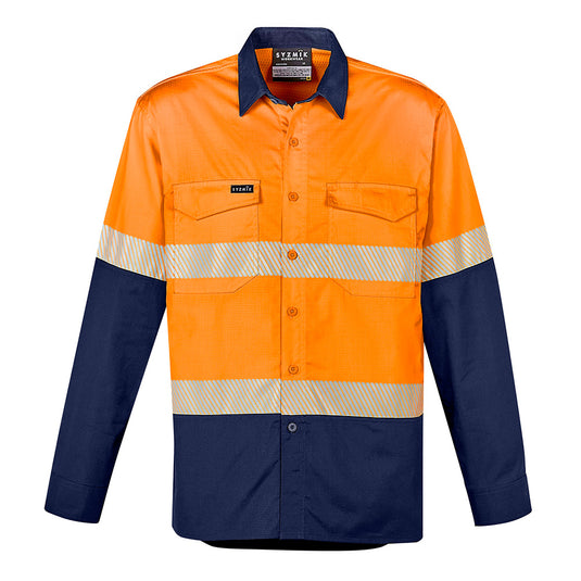Syzmik Hi Vis Rugged Cooling Ripstop Work Shirt features long sleeves, segmented reflective stripes, dual chest pockets with pen partitions, and mesh venting, ideal for workplace safety and comfort.