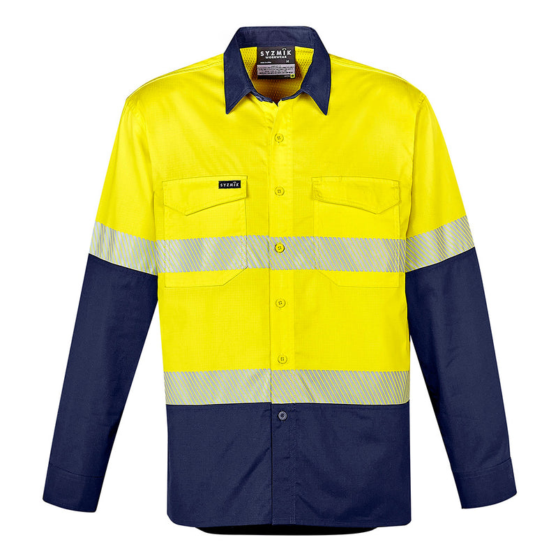 Load image into Gallery viewer, Syzmik Hi Vis Rugged Cooling Ripstop Work Shirt featuring long sleeves, segmented tape for comfort, mesh venting for breathability, and dual chest pockets, ideal for enhanced safety and movement at active workplaces.