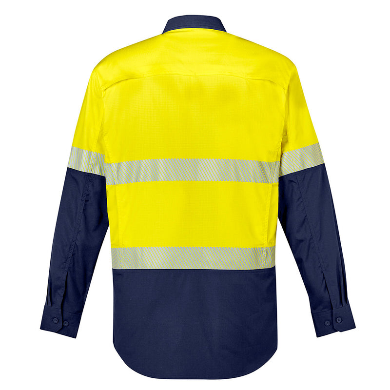 Load image into Gallery viewer, Syzmik Hi Vis Rugged Cooling Ripstop Work Shirt featuring segmented tape for comfort and breathability, mesh venting, and dual chest pockets with pen partition, ideal for workplace safety and mobility.