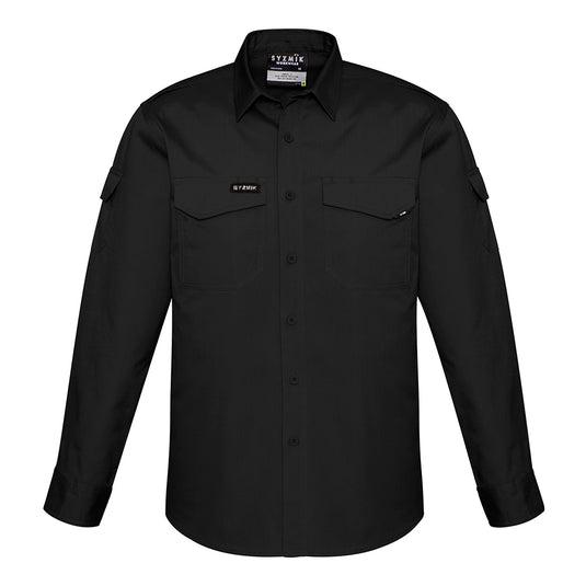 Syzmik Rugged Cooling Ripstop L/S Work Shirt featuring long sleeves, buttoned chest pockets with pen partition, and roll-up sleeve tabs. Ideal for active work environments, enhancing breathability and movement.