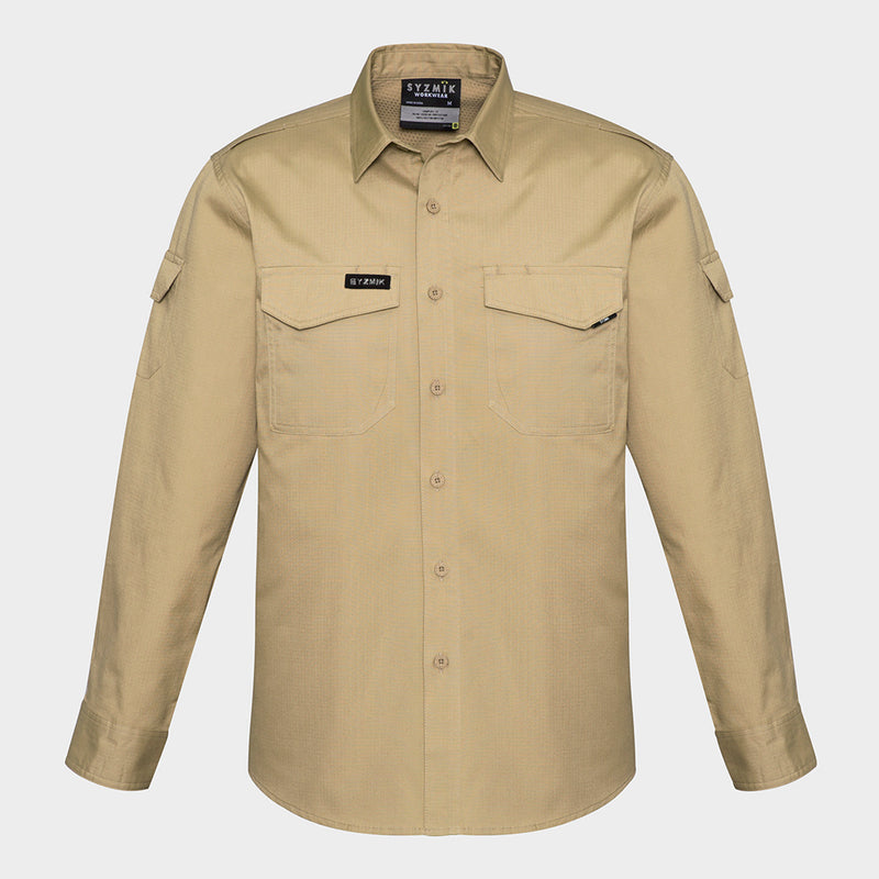 Load image into Gallery viewer, Syzmik Rugged Cooling Ripstop L/S Work Shirt featuring long sleeves, a modern fit, two chest pockets with pen partition, and a roll-up sleeve tab. Ideal for enhanced breathability and movement in work environments.