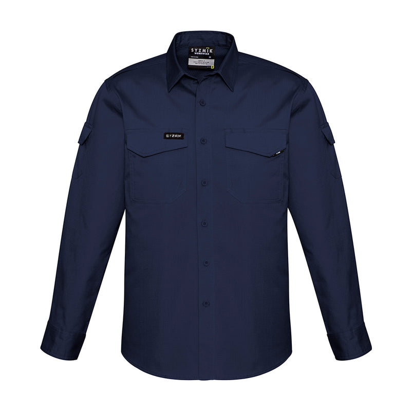 Load image into Gallery viewer, Syzmik Rugged Cooling Ripstop L/S Work Shirt features durable cotton ripstop fabric, mesh venting for breathability, mechanical stretch, chest pockets with pen partition, and roll-up sleeves, ideal for workplace safety and comfort.
